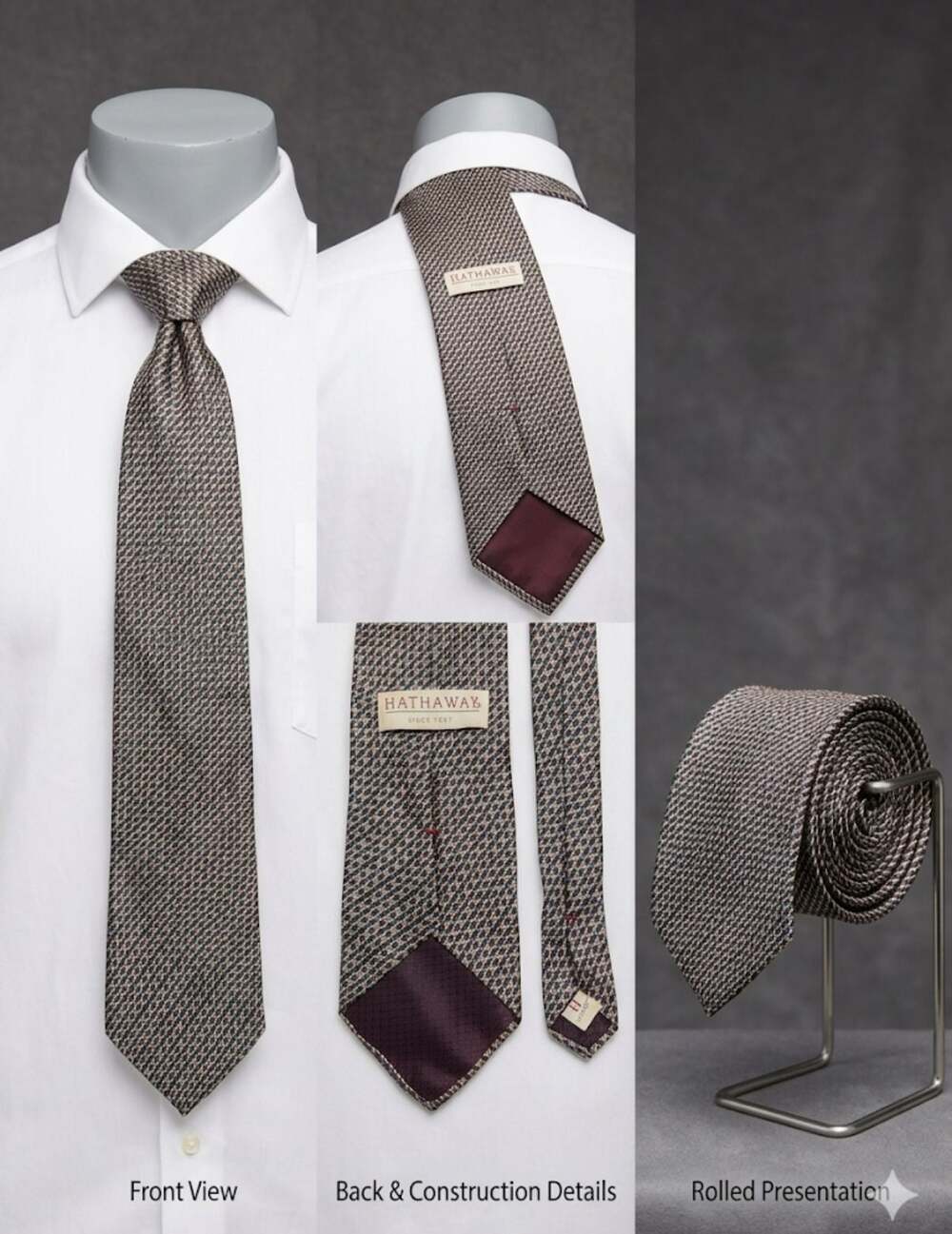 Hathaway Silk Necktie Geometric Pattern Brown Blue